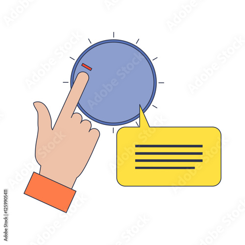 A hand adjusts a volume dial linked to a speech bubble, symbolizing communication control.