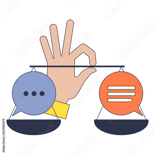 A hand balances a scale with two conflicting speech bubbles, symbolizing communication balance.