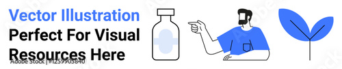 Man in blue shirt pointing at medicine vial near green leaf emphasizing sustainability, health, and care. Ideal for wellness, pharmacy, sustainability, eco-friendly ideas, natural health, healthcare