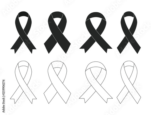 Set a Black awareness ribbon on a white background. Mourning and melanoma symbol.