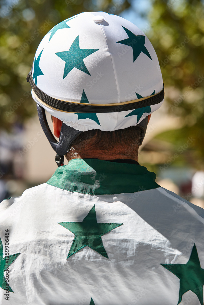 Jockey in the paddock . Derby in the hippodrome. Horse racing