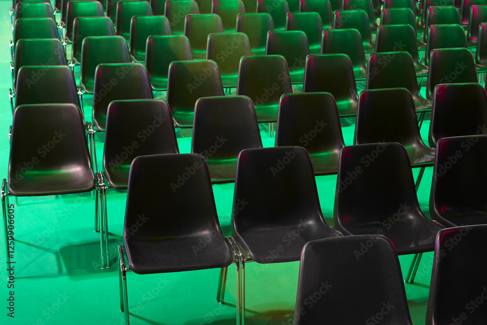 Conference hall. Auditorium full of chairs. No people