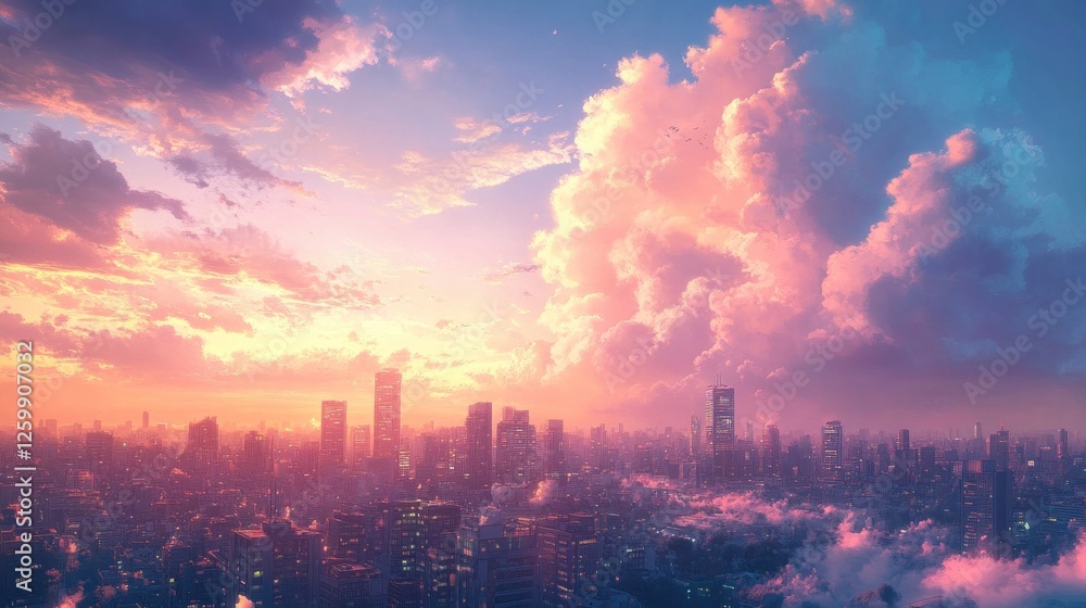 Fototapeta premium Cityscape Sunset: Dreamlike Pink Clouds Over Urban Skyline