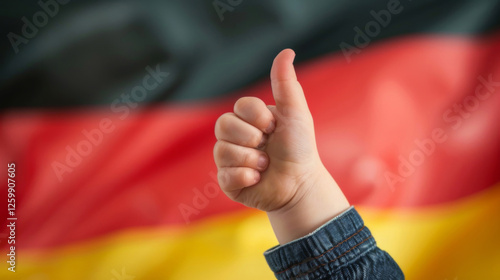 Bundestagswahl 2025 in Deutschland - Hand von einem Kind, dass seinen Daumen nach oben streckt, Deutschlandflagge im Hintergrund photo