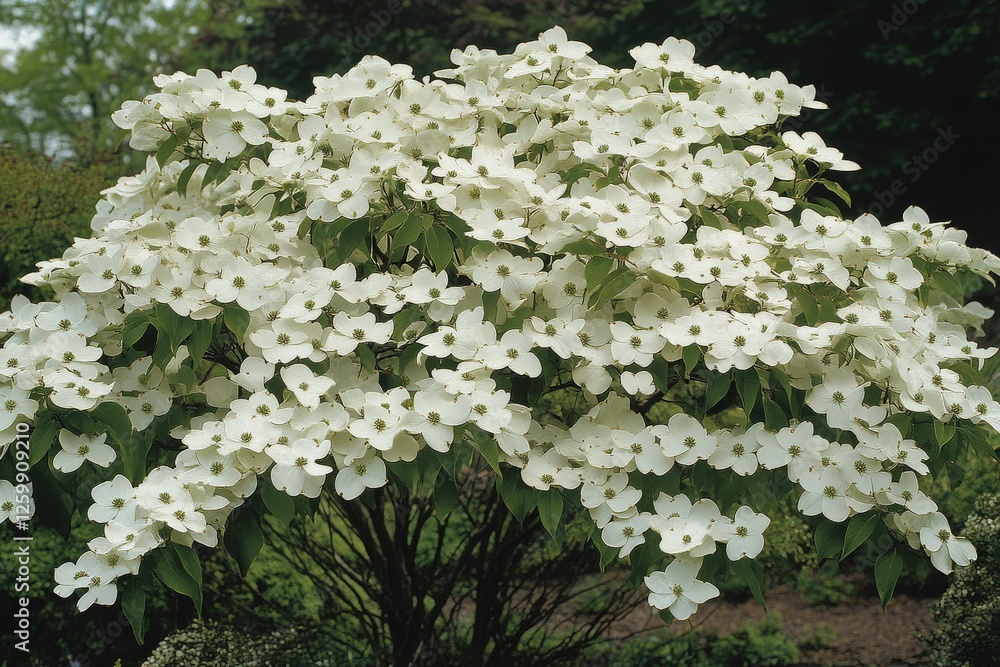 Flowering Dogwood Tree Branch with White Blossoms in Spring
