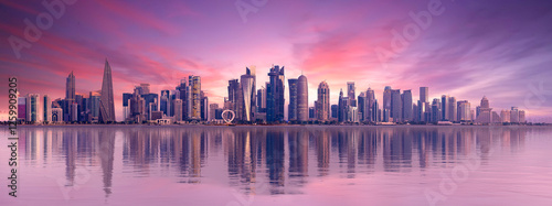 The Panoramic skyline of Doha, Qatar during sunrise