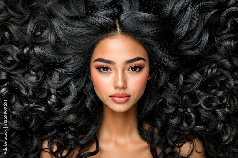 Fototapeta premium A woman with long black curly hair is posing for a picture