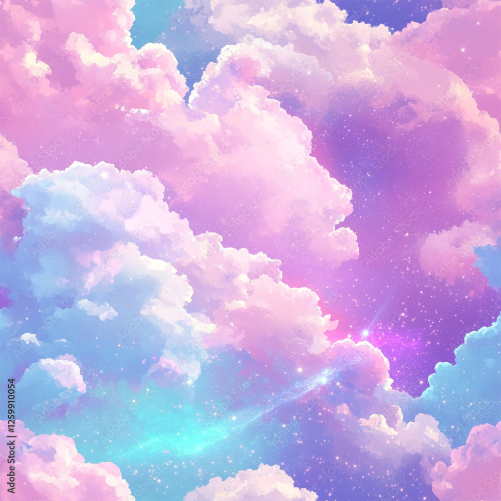 Fototapeta premium Dreamy Pastel Clouds with Cosmic Stars in a Fantasy Sky Background