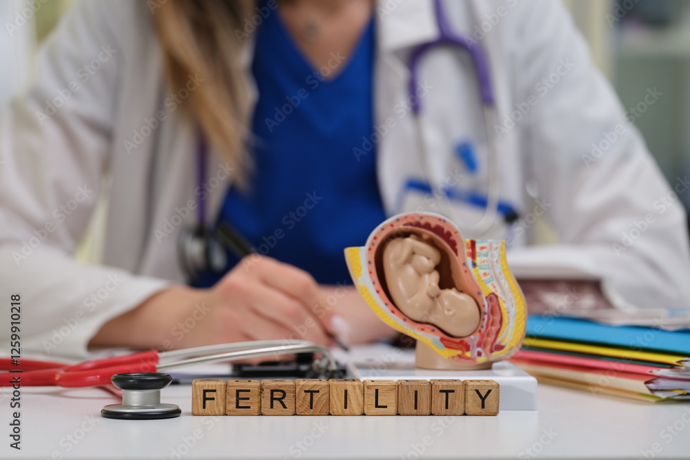 A healthcare provider specializes in fertility care, meticulously documenting essential information using a baby model