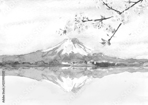 水彩で描いた桜の枝と冠雪した山のモノトーン風景イラスト【手描き】コピースペースあり