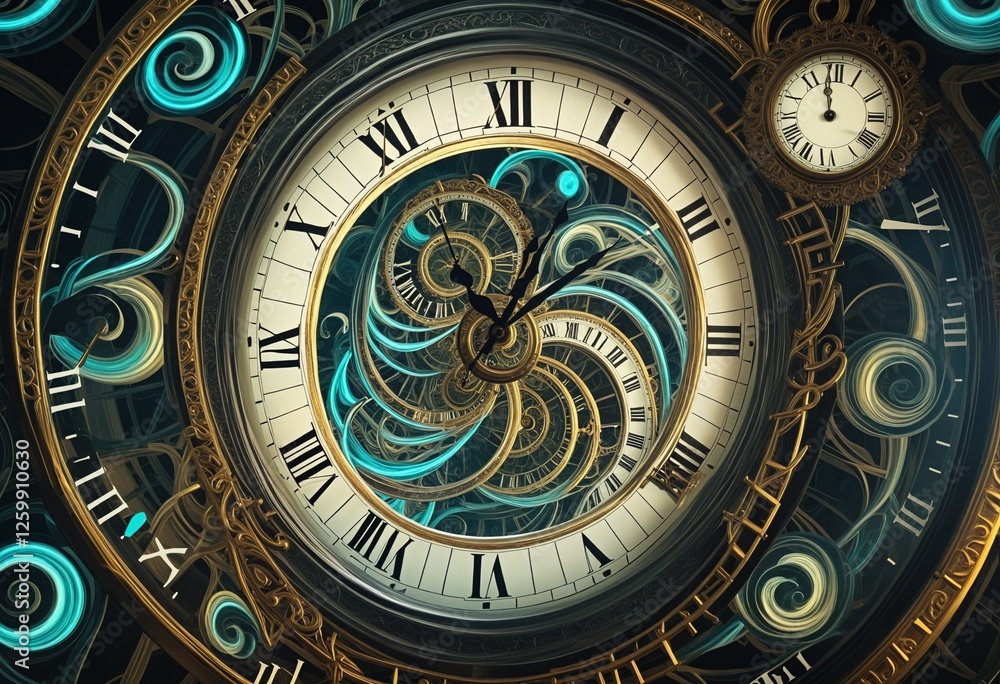 Obraz premium Exploring the Perception of Time Through Clocks and Spirals with Ethereal Glow