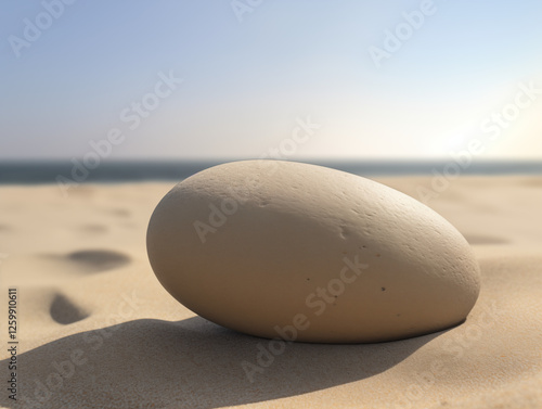 A close-up of a large, smooth pebble resting on soft sand at the beach, showcasing the pebble's texture and the tranquil atmosphere of the beach, captured with cinematic lighting. photo