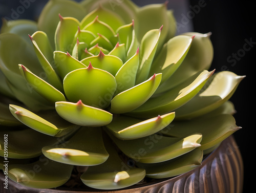 A close-up of a lush succulent in a decorative pot, showcasing its vibrant green leaves and intricate details, captured with soft lighting to enhance the plant's natural beauty. photo