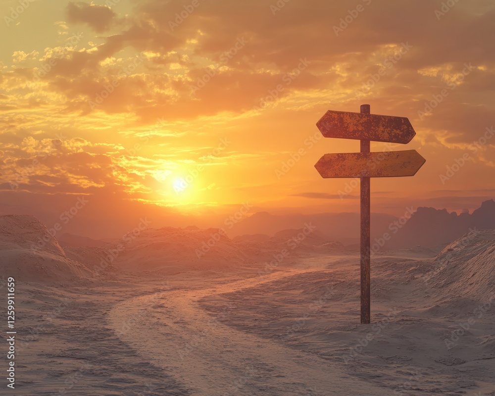 Fork in the Road. Signpost on Desert Road at Sunset, Blank Direction Sign, Decision Making Concept Fork in the Road. Signpost on Desert Road at Sunset, Blank Direction Sign, Decision Making Concept