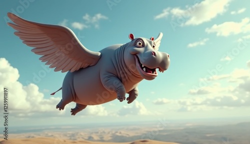 Hippos fly with wings above the clouds