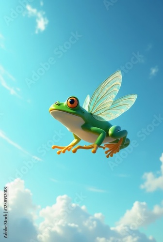 Frog flying with wings above the clouds photo