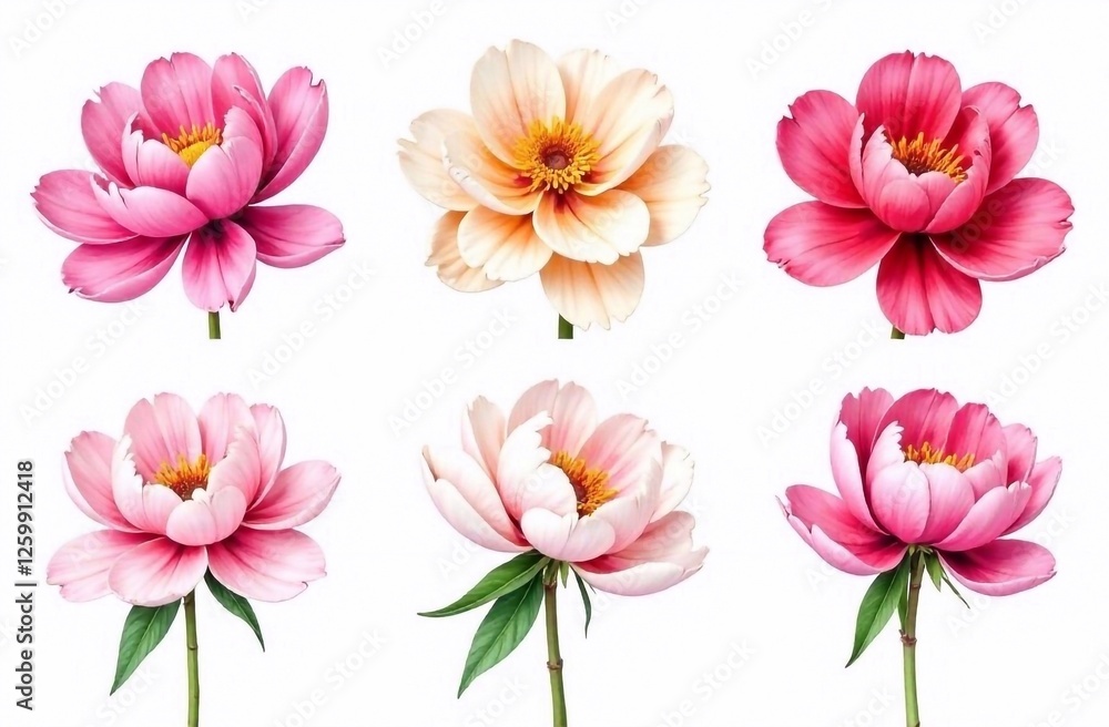 Fototapeta premium Watercolor drawings of peonies of different colors from different angles on a white background, each flower is isolated