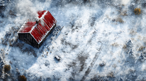 Secluded Red Roof Cabin in Snowy Winter Landscape