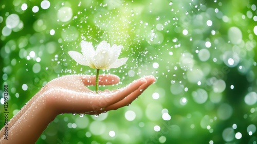 Delicate White Flower Held in Hand with Water Droplets and Bokeh