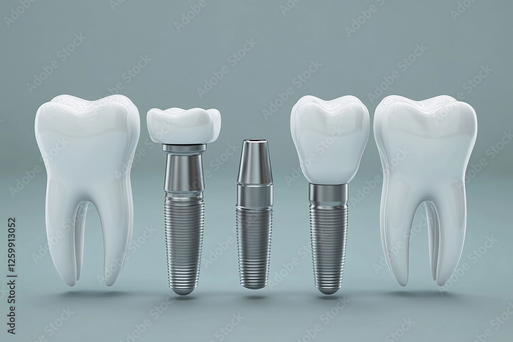 Dental implants displayed in a model of a human jaw demonstrating oral health and restoration procedures Dental implants displayed in a model of a human jaw demonstrating oral health and restoration procedures
