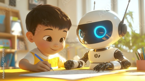 Tutoring home robot helping children with homework illustration