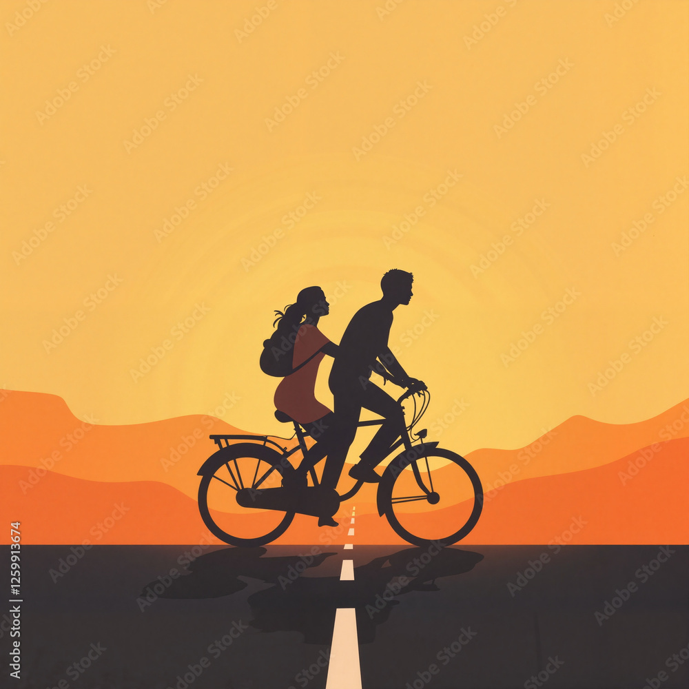 Fototapeta premium Couple riding a bicycle at sunset with mountains in the background creating a romantic atmosphere