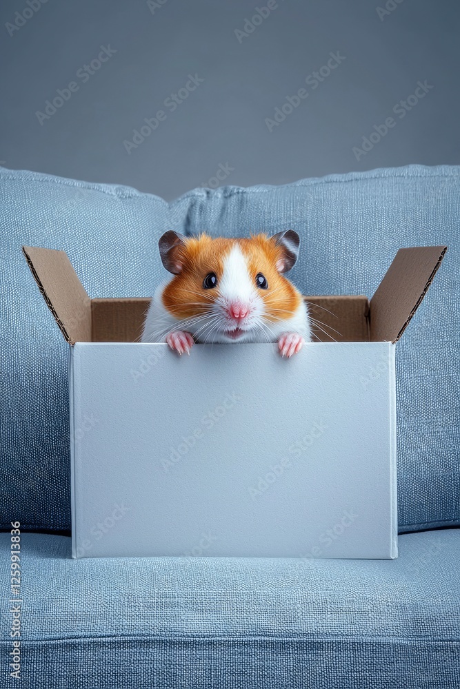 Obraz premium Curious Hamster Peeking from a Cardboard Box on a Sofa
