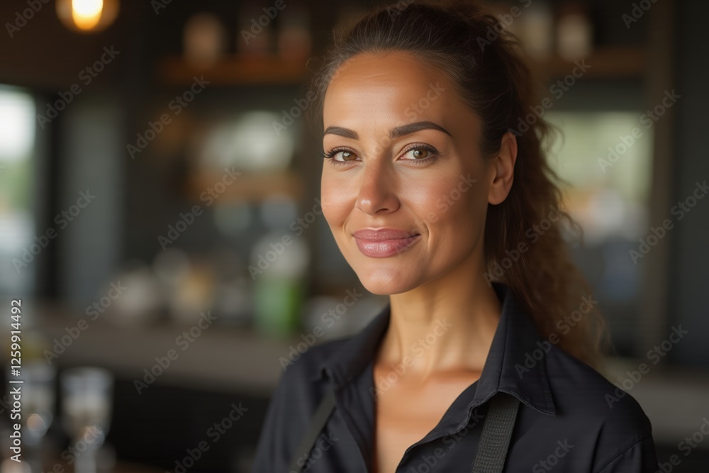 Close portrait of a 40 years old smiling multiracial american female bartender against blurred bar background Close portrait of a 40 years old smiling multiracial american female bartender against blurred bar background
