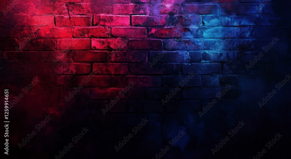 dark brick wall illuminated by colorful lights. The background is a dark red, blue, and purple gradient. dark brick wall illuminated by colorful lights. The background is a dark red, blue, and purple gradient.