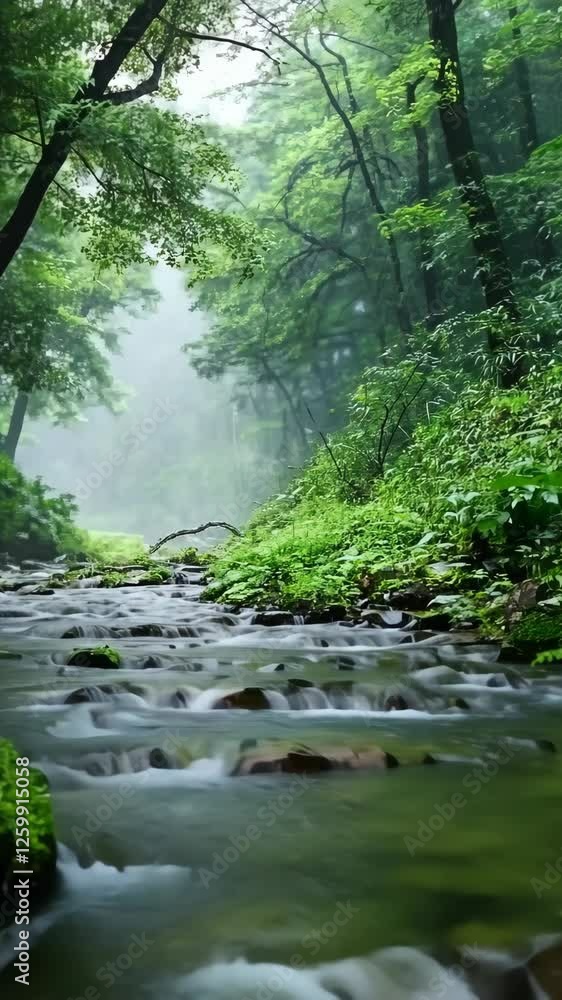 Flowing stream in lush green forest during early morning mist Flowing stream in lush green forest during early morning mist