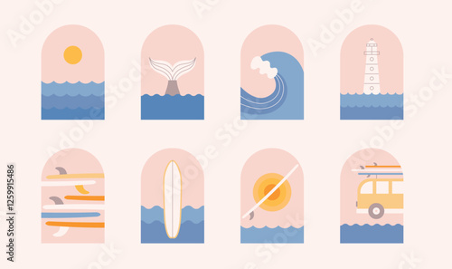 Retro summer, ocean, sea, surfing banner. Aesthetic marine frame for t short pattern, sticker, merch vector templates. Cute girly Surfboard