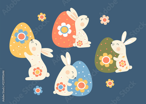 Cute Easter Bunny with Paschal Floral Egg. Adorable Spring Holiday. Isolated rabbit animal, flower for festive decor and design, postcards. Vector illustration
