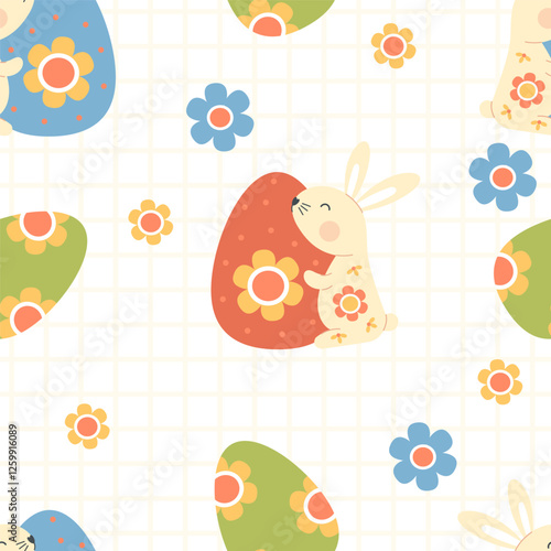 Easter Bunny Seamless pattern. Cute paschal rabbit with decorative Egg on white checkered background with flowers. Holiday Vector illustration. Kids collection