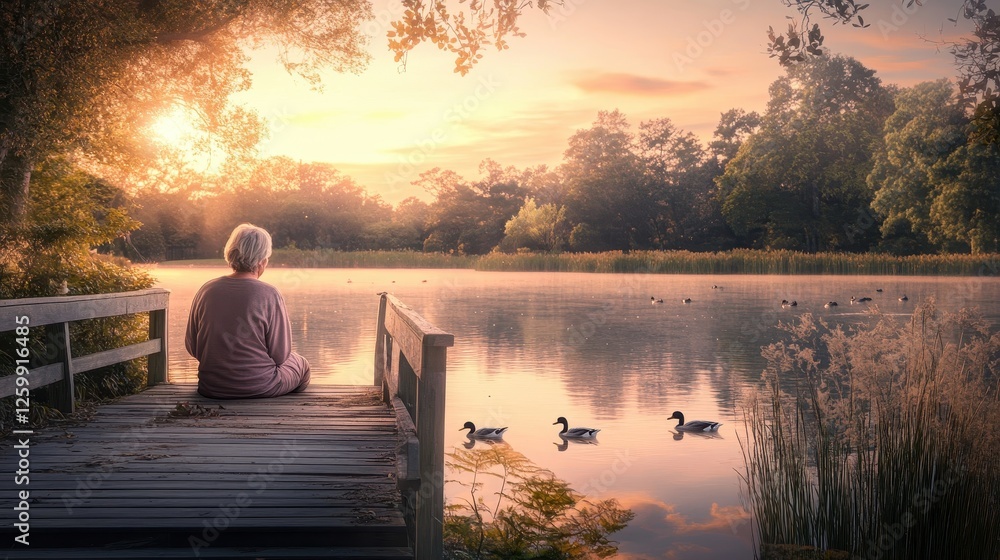 A sick woman sits on a pier ducks swimming in the calm evening water A sick woman sits on a pier ducks swimming in the calm evening water