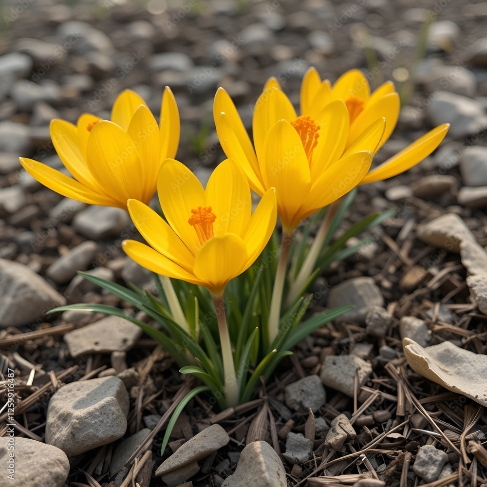 Obraz premium crocuses blooming in spring. yellow flowers with bright orange stamens create a harmonious composition against a background of earth and greenery.