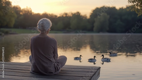 Sunset colors reflect on the pond as a woman with cancer watches quietly