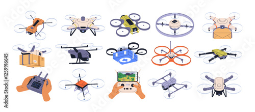 Flying drones set. Aerial unmanned vehicles with cameras, propellers. Military UAV, air robots for videography, observation, delivery copters. Flat vector illustration isolated on white background