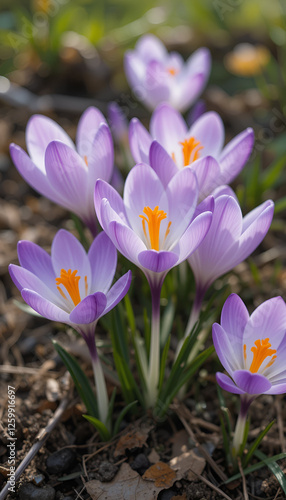 crocuses blooming in spring. Purple, white, and yellow flowers with bright orange stamens create a harmonious composition against a background of earth and greenery.
