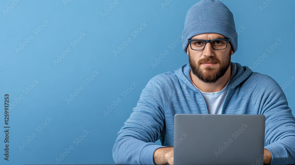 focused man in blue hoodie and beanie working on laptop focused man in blue hoodie and beanie working on laptop