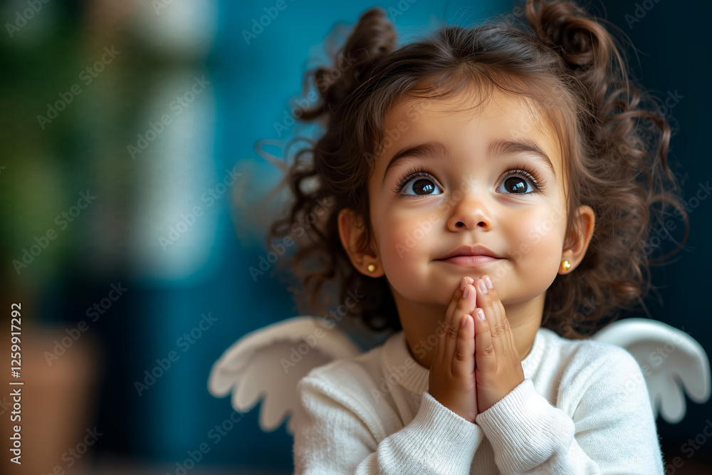A little girl with angel wings praying with her hands clasped together A little girl with angel wings praying with her hands clasped together