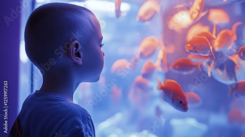 Boy stands near a hospital aquarium admiring fish and reflections