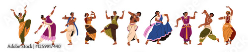 Indian folk dance performers in traditional cultural costumes. Male, female dancers from India, movement poses, performing Bharatanatyam, Kathak. Flat vector illustration isolated on white background
