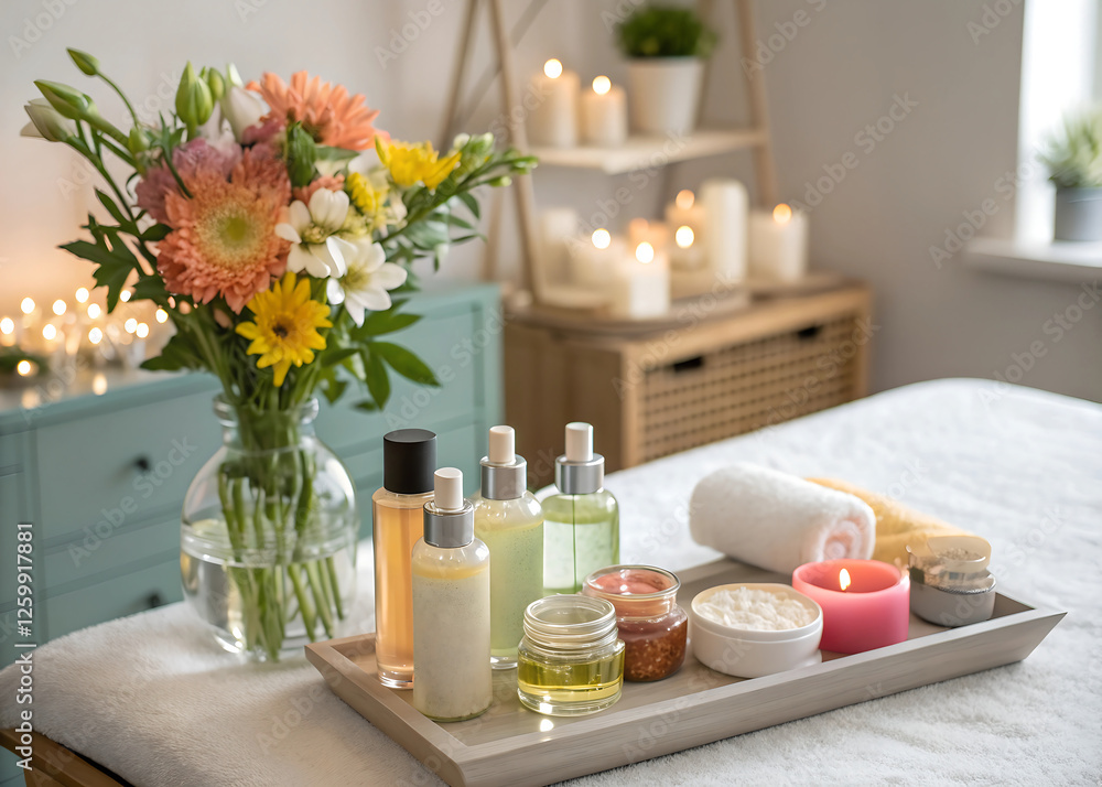 Light and stylish interior of a beauty salon in a minimalist design. Wooden shelves with natural cosmetics Light and stylish interior of a beauty salon in a minimalist design. Wooden shelves with natural cosmetics