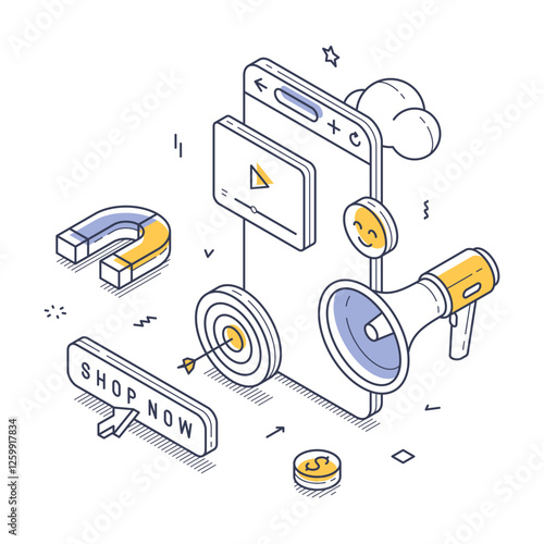 Mobile device showcasing a video ad surrounded by marketing elements, such as a loudspeaker, magnet, and call-to-action icons, emphasizing effective strategies. Isometric line art vector illustration