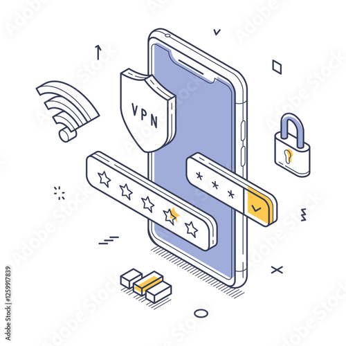 Smartphone displays a shield, online security. Surrounding elements include symbols of Wi-Fi, a padlock, and rating stars, digital protection and user ratings. Vector isometric illustration
