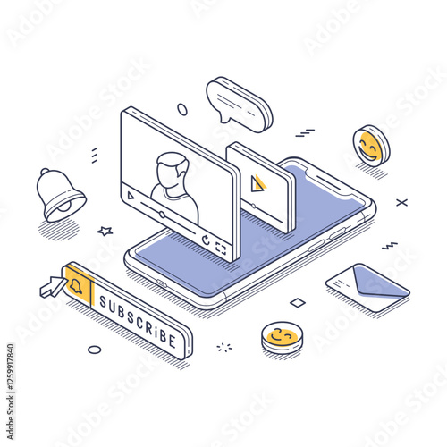 Smartphone showcasing video content, complete with subscription buttons. Elements like smiley faces and chat bubbles enhance the digital environment. Modern isometric line art