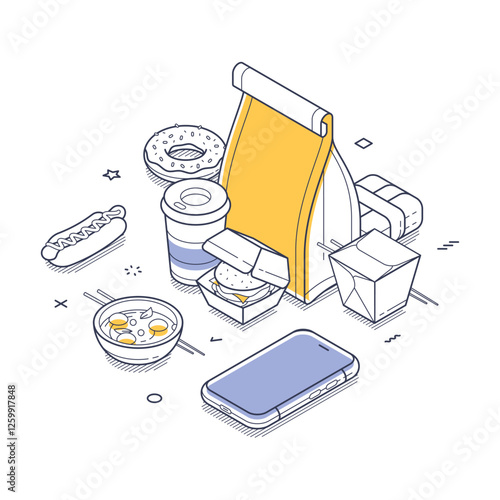 Colorful line art presents a collection of fast food items, including a takeaway bag, drinks, snacks, and a smartphone. Isometric vector illustration captures the essence of casual dining moments