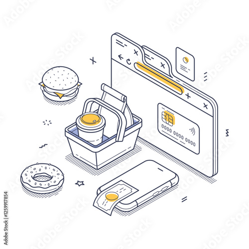 Online ordering for fast food and groceries. It features a shopping basket, payment methods, and various food items prominently displayed. Modern isometric line art vector illustration