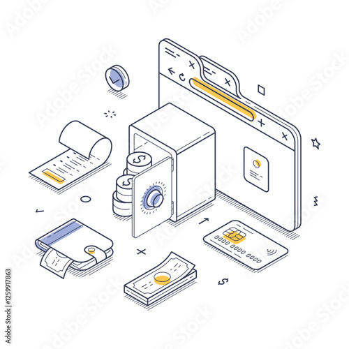 Digital finance elements, including a safe, cash, credit cards, and receipts. The layout emphasizes modern banking activities and online transactions. Isometric line art vector illustration