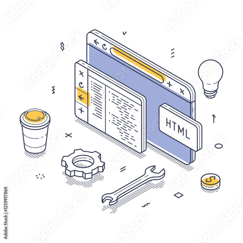 Computer displaying code with CSS and HTML icons, surrounded by design elements like a coffee cup and additional graphic symbols. Perfect for coding themes. Isometric line art illustration